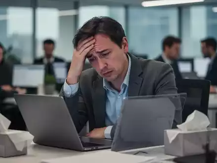 Eine Person sitzt mit müdem und unwohl aussehendem Gesichtsausdruck an einem Schreibtisch in einem modernen Büro, umgeben von verschwommenen Kollegen. - Foto: über boerse-global.de