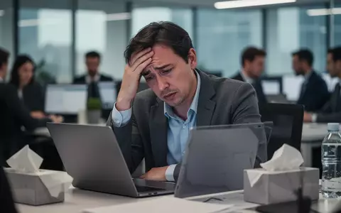 Eine Person sitzt mit müdem und unwohl aussehendem Gesichtsausdruck an einem Schreibtisch in einem modernen Büro, umgeben von verschwommenen Kollegen. - Foto: über boerse-global.de