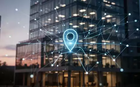Leuchtend blaues digitales Netzwerk über einem verschwommenen modernen Bürogebäude in der Dämmerung, symbolisiert Daten, Konnektivität und Standortverfolgung. - Foto: über boerse-global.de