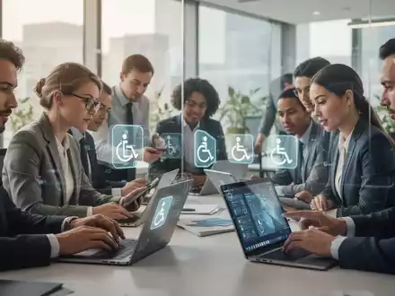 Geschäftsleute arbeiten an Laptops in einem modernen Büro, mit dezenten Barrierefreiheitssymbolen auf Bildschirmen, die digitale Compliance darstellen. - Foto: über boerse-global.de