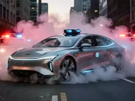 Ein autonomes Robotaxi, teilweise verdeckt von dichtem Rauch auf einer Stadtstraße, mit Einsatzlichtern im Hintergrund. - Foto: über boerse-global.de