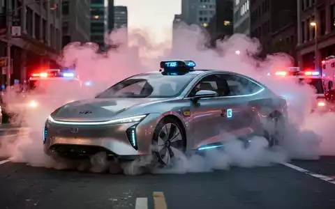 Ein autonomes Robotaxi, teilweise verdeckt von dichtem Rauch auf einer Stadtstraße, mit Einsatzlichtern im Hintergrund. - Foto: über boerse-global.de