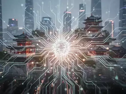 Stilisierte neuronale Netzstruktur mit chinesischen Architekturelementen, symbolisiert internationale KI-Kooperation und Regulierung vor futuristischer Stadtkulisse. - Foto: über boerse-global.de