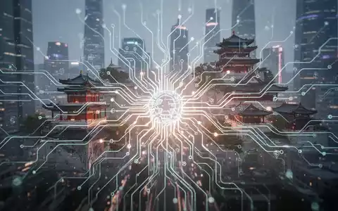 Stilisierte neuronale Netzstruktur mit chinesischen Architekturelementen, symbolisiert internationale KI-Kooperation und Regulierung vor futuristischer Stadtkulisse. - Foto: über boerse-global.de