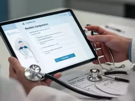 Eine Hand hält ein Tablet mit einem Fragebogen, daneben liegen ein Stethoskop und ein Rezeptblock. Fokus auf digitale und traditionelle Medizin. - Foto: über boerse-global.de