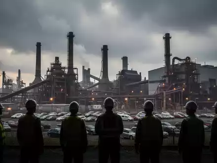 Eine weitläufige Industrielandschaft mit Fabriken und Schornsteinen unter einem dramatischen Himmel, die wirtschaftliche Unsicherheit symbolisiert. - Foto: über boerse-global.de