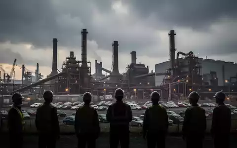 Eine weitläufige Industrielandschaft mit Fabriken und Schornsteinen unter einem dramatischen Himmel, die wirtschaftliche Unsicherheit symbolisiert. - Foto: über boerse-global.de