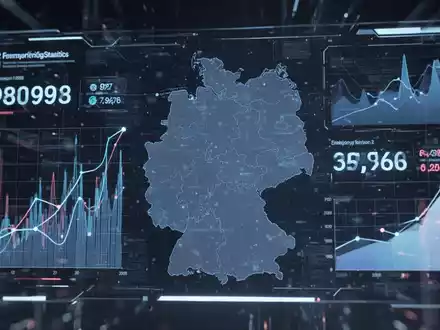 Ein futuristisches digitales Interface zeigt Daten und Grafiken zum deutschen Arbeitsmarkt und Personalwesen, symbolisierend Digitalisierung und demografischen Wandel. - Foto: über boerse-global.de