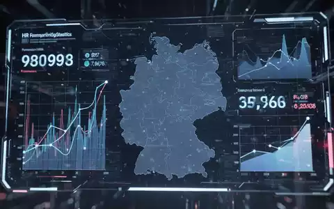 Ein futuristisches digitales Interface zeigt Daten und Grafiken zum deutschen Arbeitsmarkt und Personalwesen, symbolisierend Digitalisierung und demografischen Wandel. - Foto: über boerse-global.de