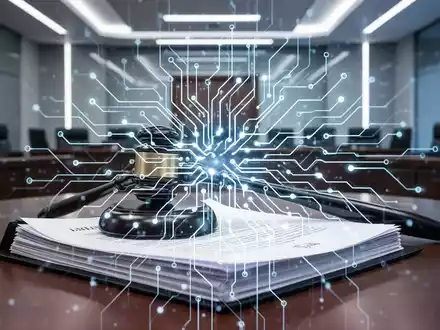 Eine futuristische Darstellung eines Gerichts mit einem leuchtenden neuronalen Netz, das sich über juristische Dokumente und einen Richterhammer legt. - Foto: über boerse-global.de