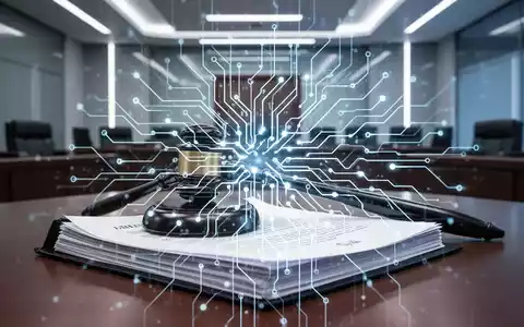 Eine futuristische Darstellung eines Gerichts mit einem leuchtenden neuronalen Netz, das sich über juristische Dokumente und einen Richterhammer legt. - Foto: über boerse-global.de