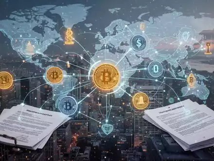 Digitales Netzwerk, das Vererbung symbolisiert, mit leuchtenden Linien zwischen Finanzdokumenten, Kryptosymbolen und Datenknoten vor globaler Stadtsilhouette. - Foto: über boerse-global.de