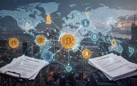 Digitales Netzwerk, das Vererbung symbolisiert, mit leuchtenden Linien zwischen Finanzdokumenten, Kryptosymbolen und Datenknoten vor globaler Stadtsilhouette. - Foto: über boerse-global.de