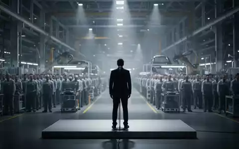 Eine Silhouette spricht vor einer versammelten Belegschaft in einer modernen VW-Fabrikhalle, angespannte Stimmung. - Foto: über boerse-global.de