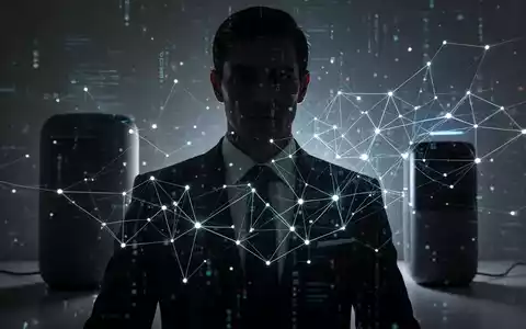 Eine verschwommene Figur in einem Anzug mit einem abstrakten leuchtenden Datennetzwerk, das Spionage und Datendiebstahl darstellt. - Foto: über boerse-global.de