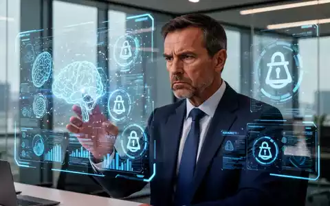 Ein CEO blickt auf eine holografische Benutzeroberfläche mit KI-Daten und Compliance-Symbolen, was die Herausforderungen der KI-Regulierung widerspiegelt. - Foto: über boerse-global.de