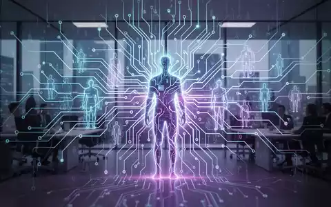 Eine futuristische Darstellung von künstlicher Intelligenz mit leuchtenden neuronalen Netzen, die sich mit menschlichen Silhouetten überschneiden. - Foto: über boerse-global.de