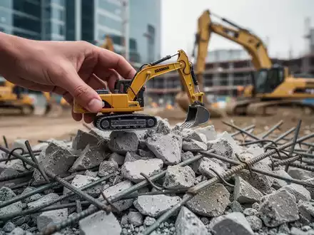 Eine Hand hält einen Spielzeugbagger über einem Haufen recycelter mineralischer Baustoffe, im Hintergrund eine Baustelle. - Foto: über boerse-global.de