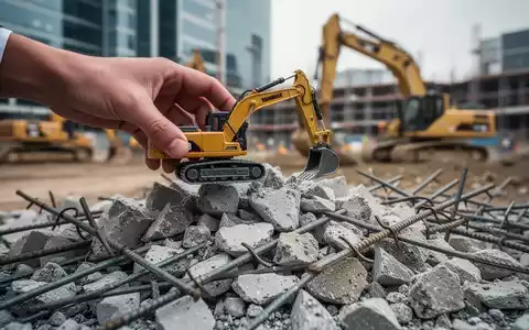 Eine Hand hält einen Spielzeugbagger über einem Haufen recycelter mineralischer Baustoffe, im Hintergrund eine Baustelle. - Foto: über boerse-global.de