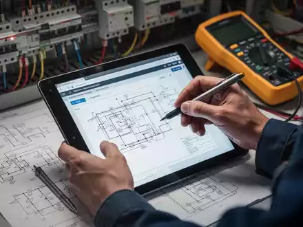 Nahaufnahme der Hände eines Elektrikers, der Prüfergebnisse auf einem Tablet dokumentiert, mit Schaltplänen im Hintergrund. - Foto: über boerse-global.de
