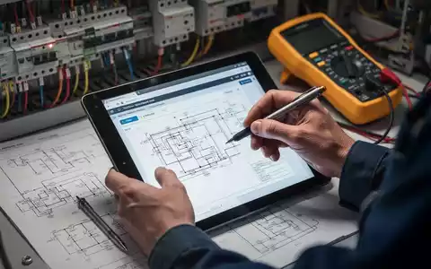 Nahaufnahme der Hände eines Elektrikers, der Prüfergebnisse auf einem Tablet dokumentiert, mit Schaltplänen im Hintergrund. - Foto: über boerse-global.de