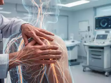 Hände eines Therapeuten, die sanft eine Schulter berühren, mit digitalen Überlagerungen, die Nervenbahnen und Energieflüsse darstellen. - Foto: über boerse-global.de