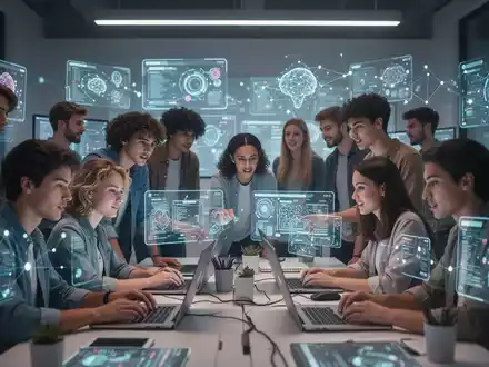 Junge Erwachsene arbeiten zusammen in einer modernen digitalen Lernumgebung, umgeben von Bildschirmen und interaktiven Displays. - Foto: über boerse-global.de