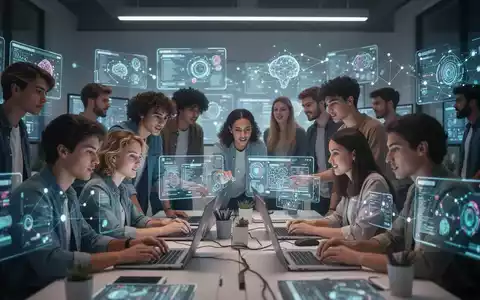Junge Erwachsene arbeiten zusammen in einer modernen digitalen Lernumgebung, umgeben von Bildschirmen und interaktiven Displays. - Foto: über boerse-global.de