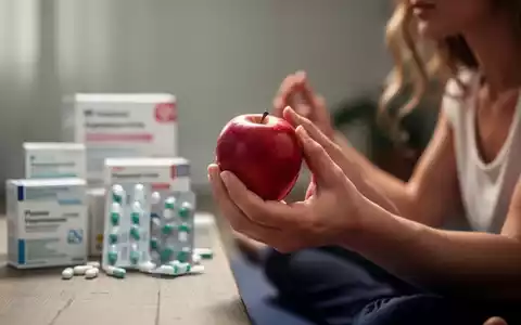 Eine Person hĂ€lt nachdenklich einen Apfel, wĂ€hrend im Hintergrund verschwommen Medikamentenverpackungen und eine Meditationsmatte zu sehen sind. - Foto: ĂŒber boerse-global.de