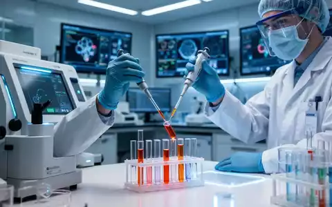 Ein Wissenschaftler in einem Labor analysiert eine Urinprobe mit Pipette und Reagenzgläsern, umgeben von medizinischer Technologie. - Foto: über boerse-global.de