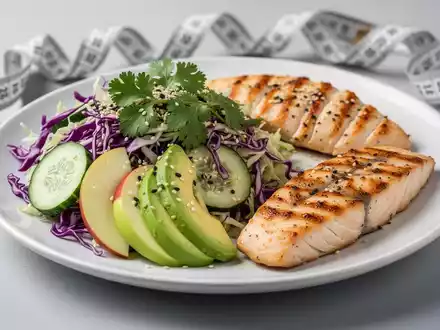 Ein Teller mit einem farbenfrohen Salat, bestehend aus WeiĂkohl, Gurke, Avocado, Apfel, Koriander und Sesam, daneben Fisch. - Foto: ĂŒber boerse-global.de