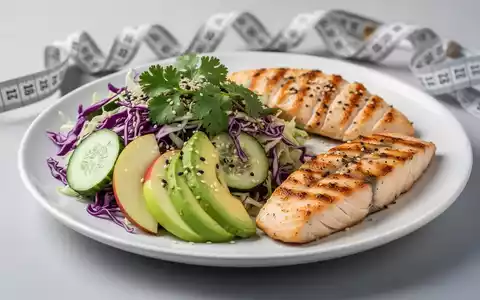 Ein Teller mit einem farbenfrohen Salat, bestehend aus Weißkohl, Gurke, Avocado, Apfel, Koriander und Sesam, daneben Fisch. - Foto: über boerse-global.de