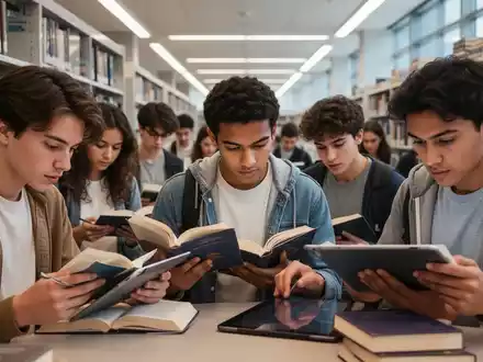 Eine Gruppe Studierender liest konzentriert in einer modernen Bibliothek, umgeben von Büchern und digitalen Geräten. - Foto: über boerse-global.de