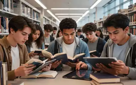 Eine Gruppe Studierender liest konzentriert in einer modernen Bibliothek, umgeben von Büchern und digitalen Geräten. - Foto: über boerse-global.de