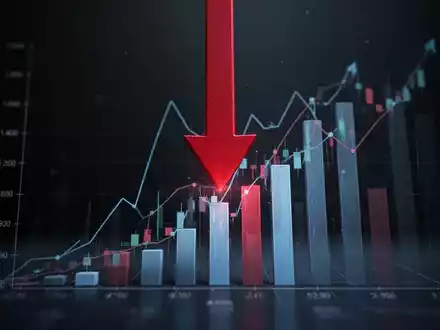 Ein roter Pfeil zeigt nach unten und durchbohrt ein wachsendes Finanzbalkendiagramm, das Expansion und Rückgang symbolisiert. - Foto: über boerse-global.de