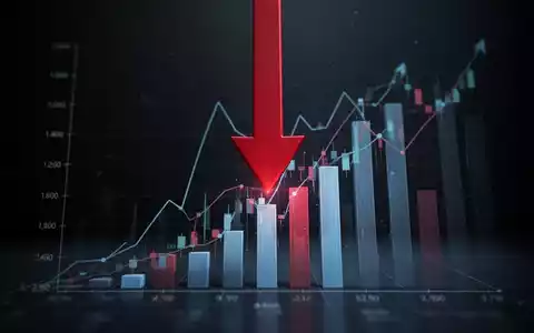 Ein roter Pfeil zeigt nach unten und durchbohrt ein wachsendes Finanzbalkendiagramm, das Expansion und Rückgang symbolisiert. - Foto: über boerse-global.de