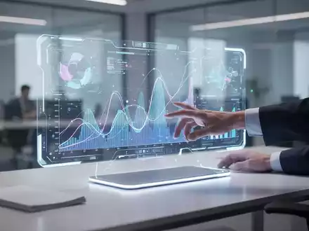 Eine Hand interagiert mit einem leuchtenden, holografischen Display, das abstrakte Datenvisualisierungen zeigt, auf einem futuristischen Schreibtisch. - Foto: über boerse-global.de