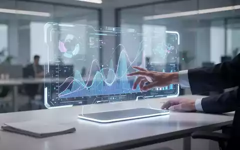Eine Hand interagiert mit einem leuchtenden, holografischen Display, das abstrakte Datenvisualisierungen zeigt, auf einem futuristischen Schreibtisch. - Foto: über boerse-global.de