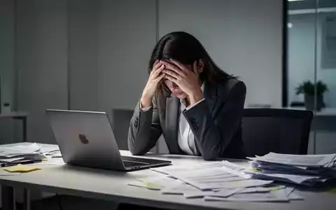 Eine gestresste Unternehmerin sitzt mit den Händen am Kopf an einem Schreibtisch und symbolisiert Burnout und psychische Belastung. - Foto: über boerse-global.de