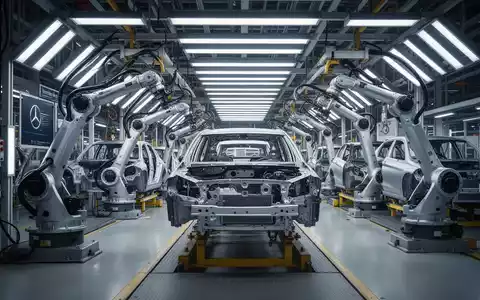 Eine moderne Automobilproduktionslinie in einem Mercedes-Benz-Werk mit Roboterarmen und teilmontierten Fahrzeugkarosserien unter hellen Industrielichtern. - Foto: über boerse-global.de