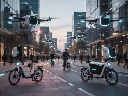 Eine futuristische Stadtlandschaft bei Dämmerung mit Lieferdrohnen und Lastenfahrrädern in einer verkehrsberuhigten Zone. - Foto: über boerse-global.de