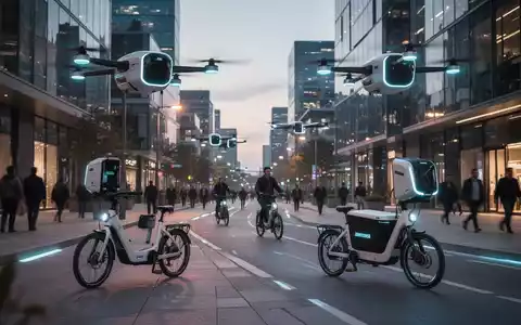 Eine futuristische Stadtlandschaft bei Dämmerung mit Lieferdrohnen und Lastenfahrrädern in einer verkehrsberuhigten Zone. - Foto: über boerse-global.de