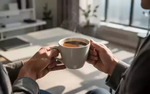 Eine Person hält eine Tasse Kaffee oder Tee in den Händen, während Sonnenlicht in einen ruhigen Morgenraum scheint. - Foto: über boerse-global.de