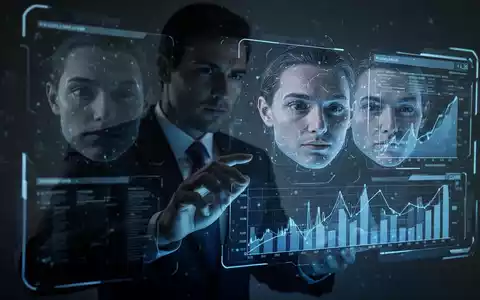 Eine dunkle Silhouette eines Geschäftsmannes vor einem digitalen Interface, das verzerrte Gesichter und Finanzdiagramme zeigt, symbolisiert Deepfake-Betrug. - Foto: über boerse-global.de