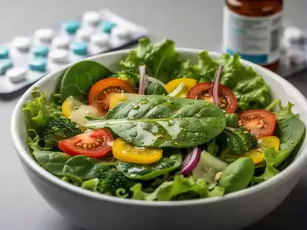 Ein kunstvoll angerichteter, frischer Salat in einer Schüssel, mit unscharf im Hintergrund angedeuteten Medikamentenpackungen. - Foto: über boerse-global.de