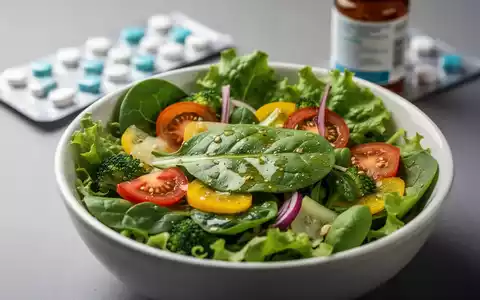 Ein kunstvoll angerichteter, frischer Salat in einer Schüssel, mit unscharf im Hintergrund angedeuteten Medikamentenpackungen. - Foto: über boerse-global.de