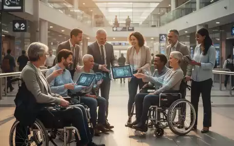 Eine vielfältige Gruppe von Menschen, einige mit sichtbaren Behinderungen, interagieren positiv in einem modernen, barrierefreien öffentlichen Raum. - Foto: über boerse-global.de