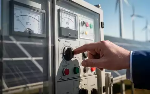 Eine Hand dreht einen Regler an einem Energiezähler, im Hintergrund verschwommen Solarpanels und Windturbinen unter blauem Himmel. - Foto: über boerse-global.de