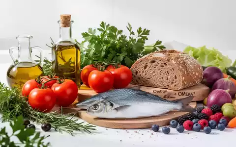 Eine appetitliche Anordnung mediterraner Lebensmittel, darunter Olivenöl, Tomaten, Fisch und frische Kräuter, auf einem hellen Tisch. - Foto: über boerse-global.de
