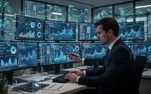 Ein gestresster Finanzanalyst überprüft manuell KI-generierte Berichte auf mehreren Bildschirmen in einem modernen Büro. - Foto: über boerse-global.de
